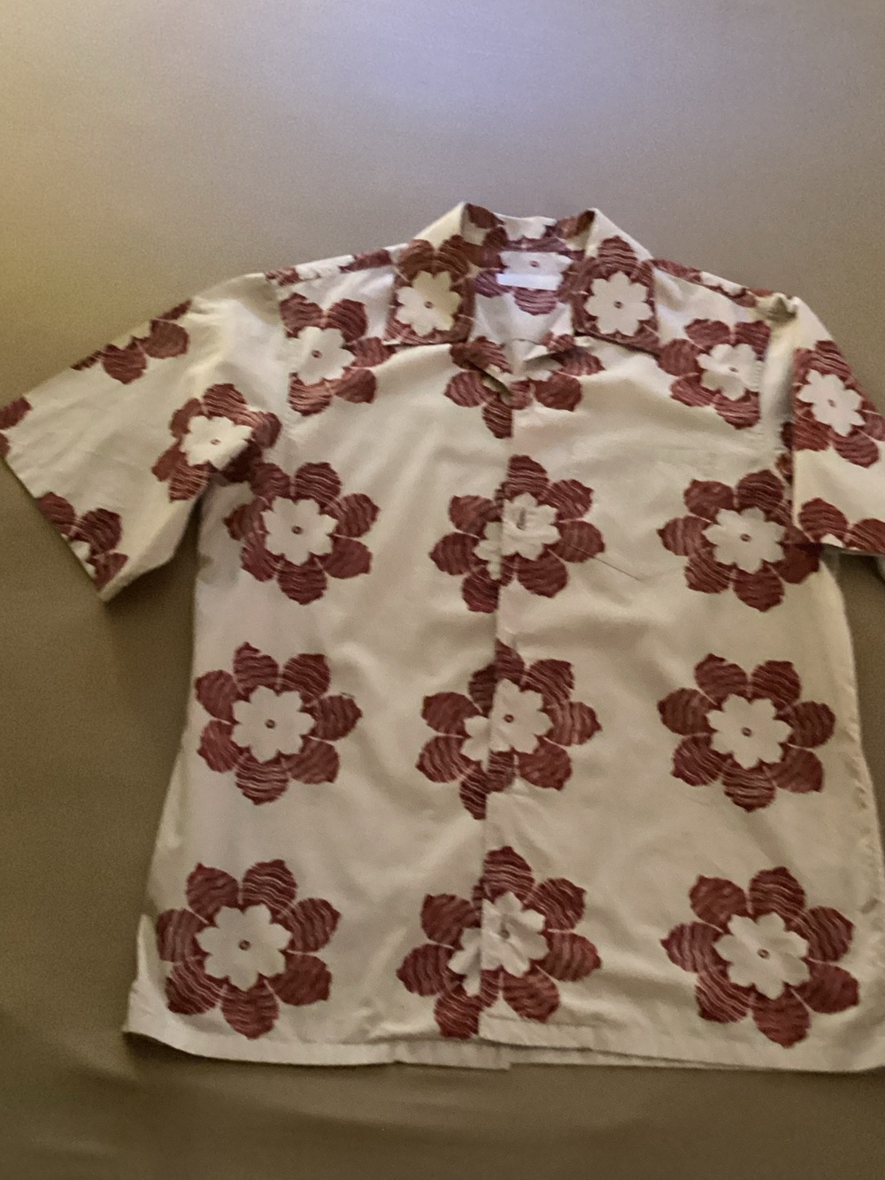 Prada Cream Short-Sleeve Button-Down with Maroon Floral Print